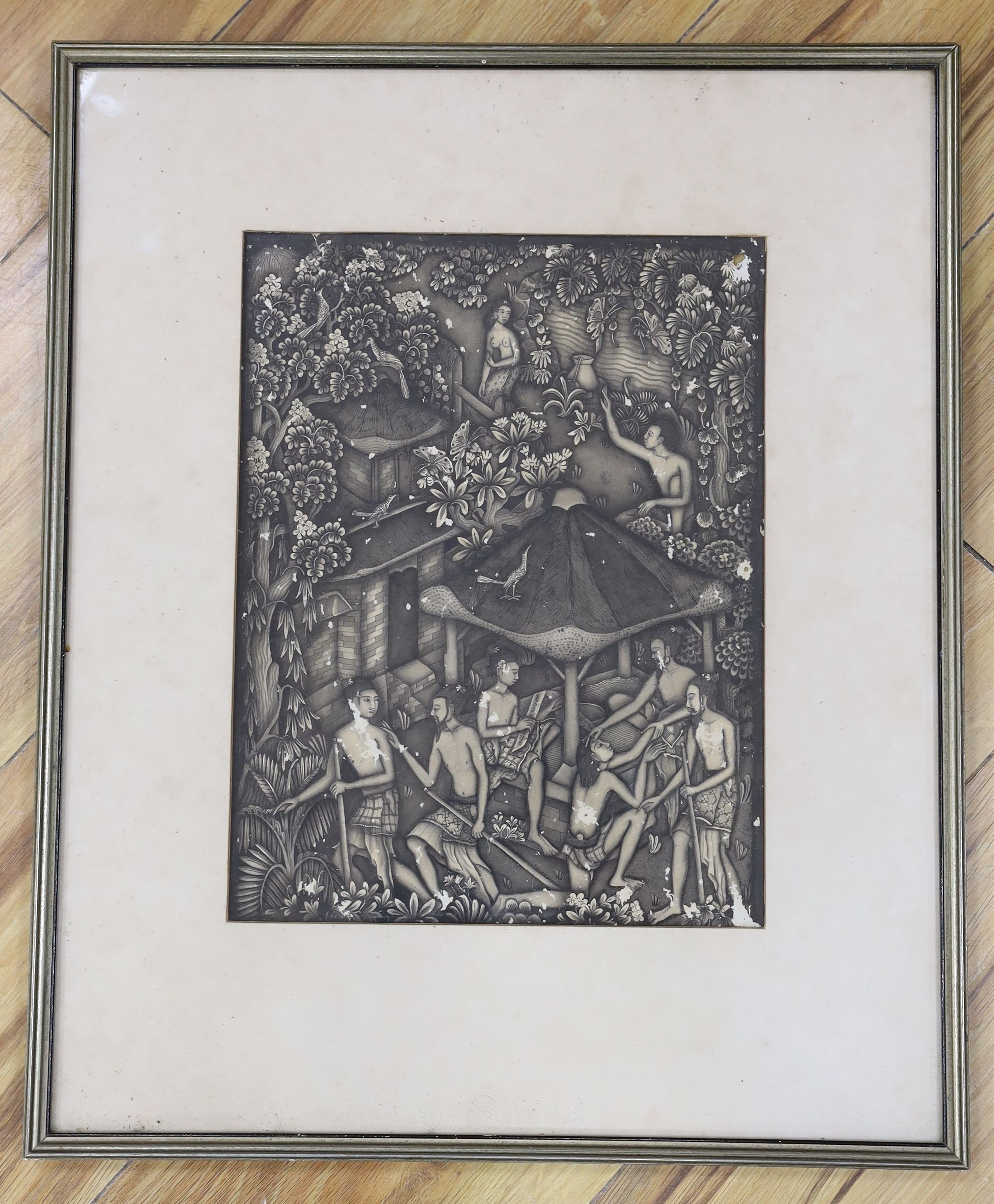19th century Balinese School, watercolour en grisaille, Natives amongst huts and trees, 30 x 23cm
